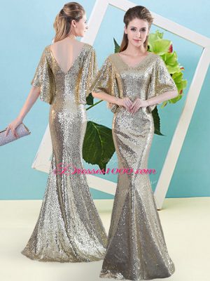 Traditional Silver Ball Gowns Sequined V-neck Half Sleeves Sequins Floor Length Zipper