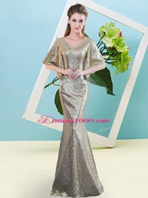 Traditional Silver Ball Gowns Sequined V-neck Half Sleeves Sequins Floor Length Zipper