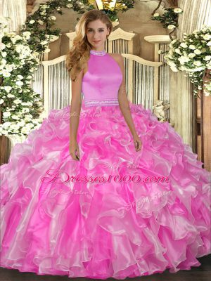 Cute Beading and Ruffles Sweet 16 Dress Rose Pink Backless Sleeveless Floor Length