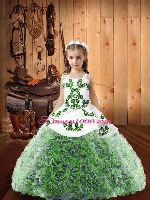 Exquisite Fabric With Rolling Flowers Sleeveless Floor Length Little Girls Pageant Gowns and Embroidery and Ruffles