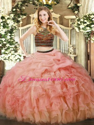 Fancy Baby Pink Halter Top Neckline Beading and Ruffles Ball Gown Prom Dress Sleeveless Zipper