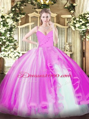 Enchanting Floor Length Zipper Ball Gown Prom Dress Fuchsia for Military Ball and Sweet 16 and Quinceanera with Ruffles