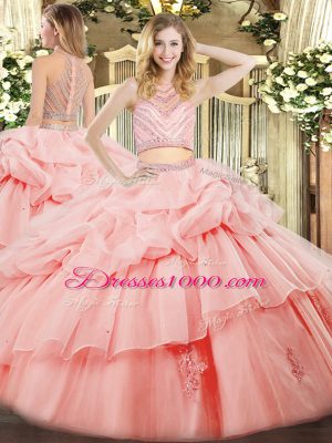 Sleeveless Floor Length Beading and Ruffles Zipper Sweet 16 Dresses with Pink