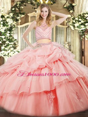 Sleeveless Floor Length Beading and Ruffles Zipper Sweet 16 Dresses with Pink