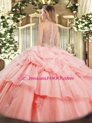 Sleeveless Floor Length Beading and Ruffles Zipper Sweet 16 Dresses with Pink