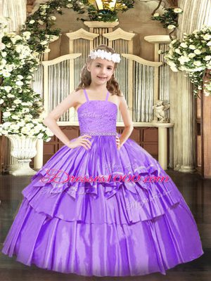Lavender Ball Gowns Straps Sleeveless Organza Floor Length Zipper Beading and Lace and Ruffled Layers Party Dress