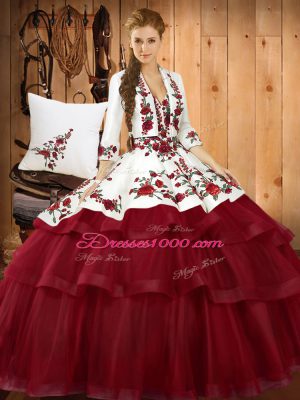 Latest Sweetheart Sleeveless 15th Birthday Dress Sweep Train Embroidery Wine Red Organza