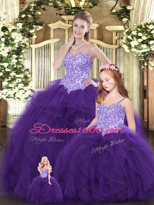 High Quality Eggplant Purple Tulle Lace Up Quinceanera Gown Sleeveless Floor Length Beading and Ruffles