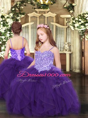 High Quality Eggplant Purple Tulle Lace Up Quinceanera Gown Sleeveless Floor Length Beading and Ruffles