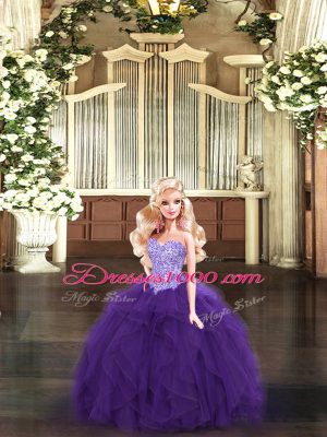 High Quality Eggplant Purple Tulle Lace Up Quinceanera Gown Sleeveless Floor Length Beading and Ruffles