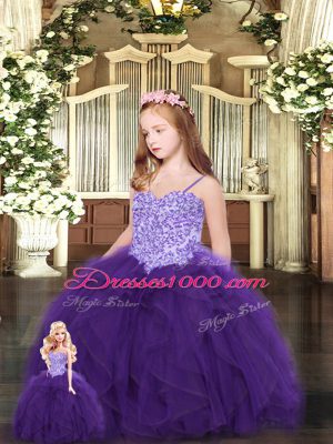 High Quality Eggplant Purple Tulle Lace Up Quinceanera Gown Sleeveless Floor Length Beading and Ruffles