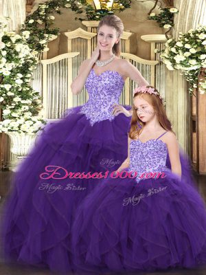 High Quality Eggplant Purple Tulle Lace Up Quinceanera Gown Sleeveless Floor Length Beading and Ruffles