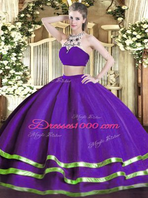 Exceptional Purple High-neck Neckline Beading 15 Quinceanera Dress Sleeveless Backless