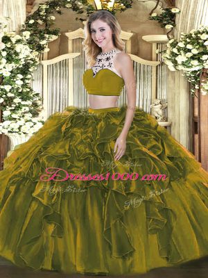 Adorable Floor Length Backless Quinceanera Gown Olive Green for Military Ball and Sweet 16 and Quinceanera with Beading and Ruffles