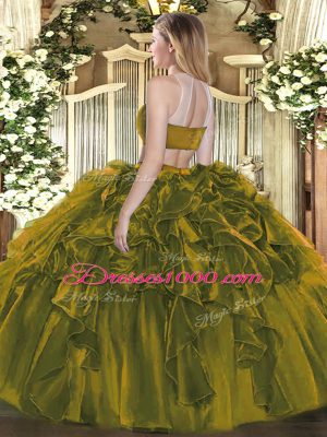 Adorable Floor Length Backless Quinceanera Gown Olive Green for Military Ball and Sweet 16 and Quinceanera with Beading and Ruffles