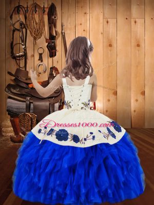 Latest Organza Lace Up Straps Sleeveless Floor Length Little Girl Pageant Dress Embroidery and Ruffles