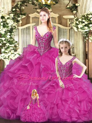Sleeveless Tulle Floor Length Lace Up Ball Gown Prom Dress in Red with Beading and Ruffles
