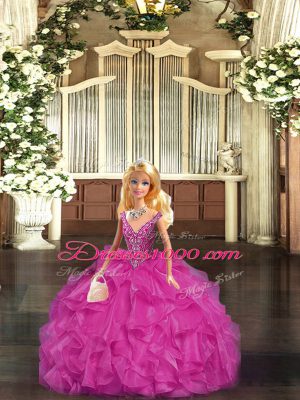 Sleeveless Tulle Floor Length Lace Up Ball Gown Prom Dress in Red with Beading and Ruffles