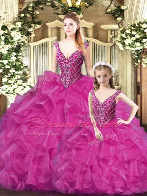 Sleeveless Tulle Floor Length Lace Up Ball Gown Prom Dress in Red with Beading and Ruffles