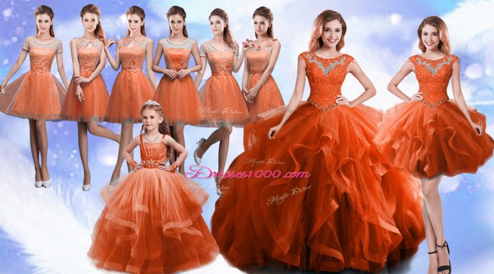 Rust Red Lace Up Quinceanera Dress Beading and Ruffles Sleeveless Floor Length