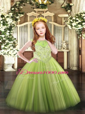 Beading Pageant Dress for Teens Yellow Green Zipper Sleeveless Floor Length