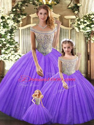 Decent Eggplant Purple Ball Gowns Beading Sweet 16 Dresses Lace Up Tulle Sleeveless Floor Length
