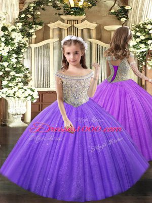 Decent Eggplant Purple Ball Gowns Beading Sweet 16 Dresses Lace Up Tulle Sleeveless Floor Length