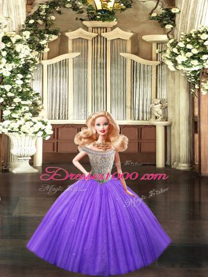 Decent Eggplant Purple Ball Gowns Beading Sweet 16 Dresses Lace Up Tulle Sleeveless Floor Length