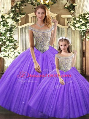 Decent Eggplant Purple Ball Gowns Beading Sweet 16 Dresses Lace Up Tulle Sleeveless Floor Length