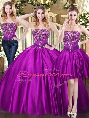 Purple Three Pieces Sweetheart Sleeveless Tulle Floor Length Lace Up Beading Sweet 16 Quinceanera Dress
