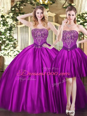 Purple Three Pieces Sweetheart Sleeveless Tulle Floor Length Lace Up Beading Sweet 16 Quinceanera Dress