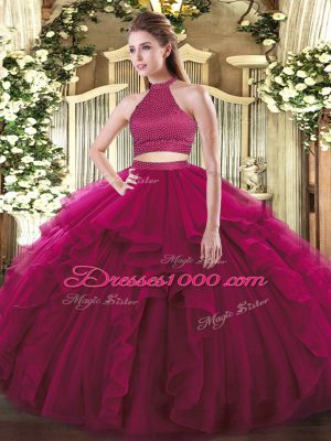 Trendy Fuchsia Two Pieces Tulle Halter Top Sleeveless Beading and Ruffles Floor Length Backless Quinceanera Dress