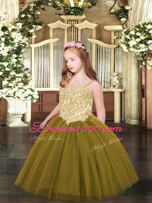 Spaghetti Straps Sleeveless Kids Pageant Dress Floor Length Appliques Brown Tulle
