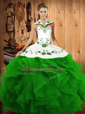 Green Ball Gowns Tulle Halter Top Sleeveless Embroidery and Ruffles Floor Length Lace Up 15th Birthday Dress