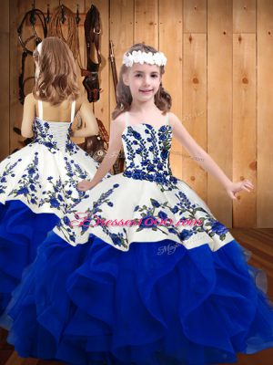 Cute Royal Blue Pageant Gowns For Girls Sweet 16 and Quinceanera with Embroidery and Ruffles Straps Sleeveless Lace Up