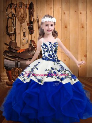 Cute Royal Blue Pageant Gowns For Girls Sweet 16 and Quinceanera with Embroidery and Ruffles Straps Sleeveless Lace Up