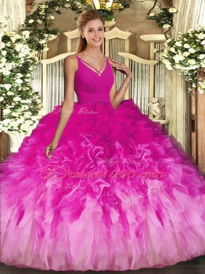 Multi-color Ball Gowns V-neck Sleeveless Organza Floor Length Backless Ruffles Quinceanera Gowns
