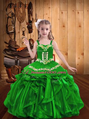 Green Ball Gowns Organza Straps Sleeveless Embroidery and Ruffles Floor Length Lace Up Little Girls Pageant Gowns
