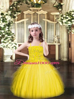 Custom Designed Yellow Ball Gowns Spaghetti Straps Sleeveless Tulle Floor Length Lace Up Beading and Ruffles Pageant Gowns