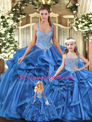 Ball Gowns Vestidos de Quinceanera Blue Straps Tulle Sleeveless Floor Length Lace Up