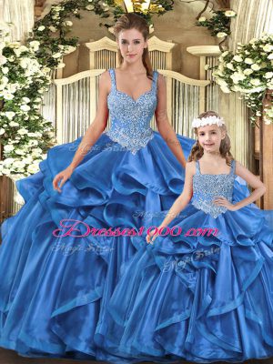 Ball Gowns Vestidos de Quinceanera Blue Straps Tulle Sleeveless Floor Length Lace Up