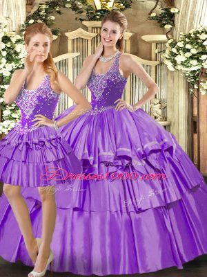 Three Pieces Vestidos de Quinceanera Eggplant Purple Straps Organza Sleeveless Floor Length Lace Up