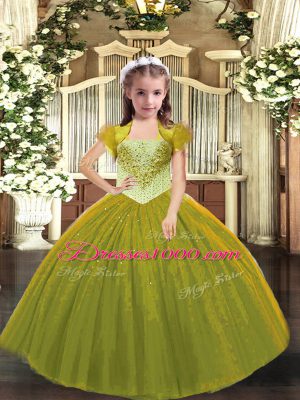 Tulle Straps Sleeveless Lace Up Beading Juniors Party Dress in Olive Green