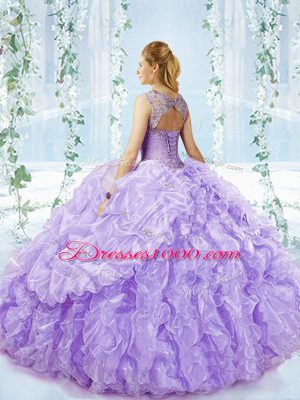 Sleeveless Organza Brush Train Lace Up 15 Quinceanera Dress in Lilac with Beading and Ruffles