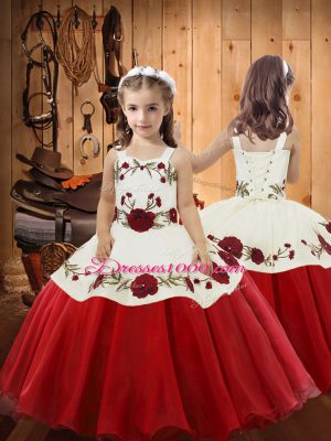 New Style Organza Straps Sleeveless Zipper Embroidery Little Girl Pageant Gowns in Red