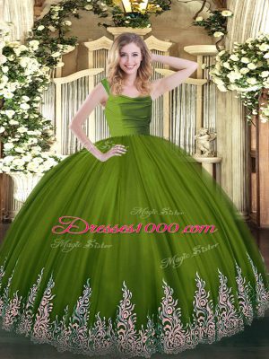 Olive Green Straps Neckline Beading and Appliques Quince Ball Gowns Sleeveless Zipper