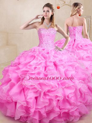 Discount Rose Pink Quinceanera Gowns Sweet 16 and Quinceanera with Beading and Ruffles Sweetheart Sleeveless Lace Up