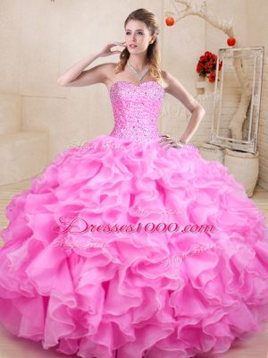 Discount Rose Pink Quinceanera Gowns Sweet 16 and Quinceanera with Beading and Ruffles Sweetheart Sleeveless Lace Up