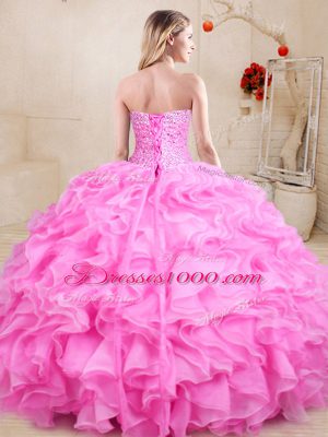 Discount Rose Pink Quinceanera Gowns Sweet 16 and Quinceanera with Beading and Ruffles Sweetheart Sleeveless Lace Up