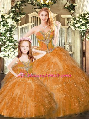 Custom Made Rust Red Quince Ball Gowns Military Ball and Sweet 16 and Quinceanera with Beading and Ruffles Sweetheart Sleeveless Lace Up